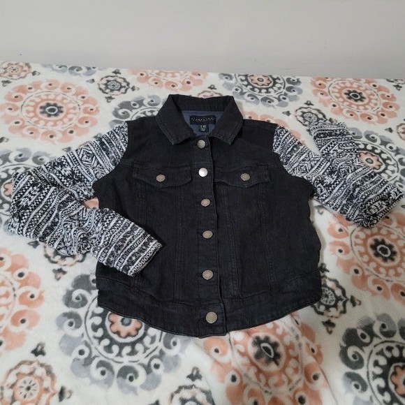 TinselTown Denim Couture Dark Wash Jean Jacket Button Up Knit Sweater Sleeve xs - Picture 9 of 11